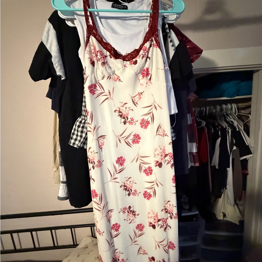 Sleeveless Cream Floral Slip Dress with Burgundy Lace Trim